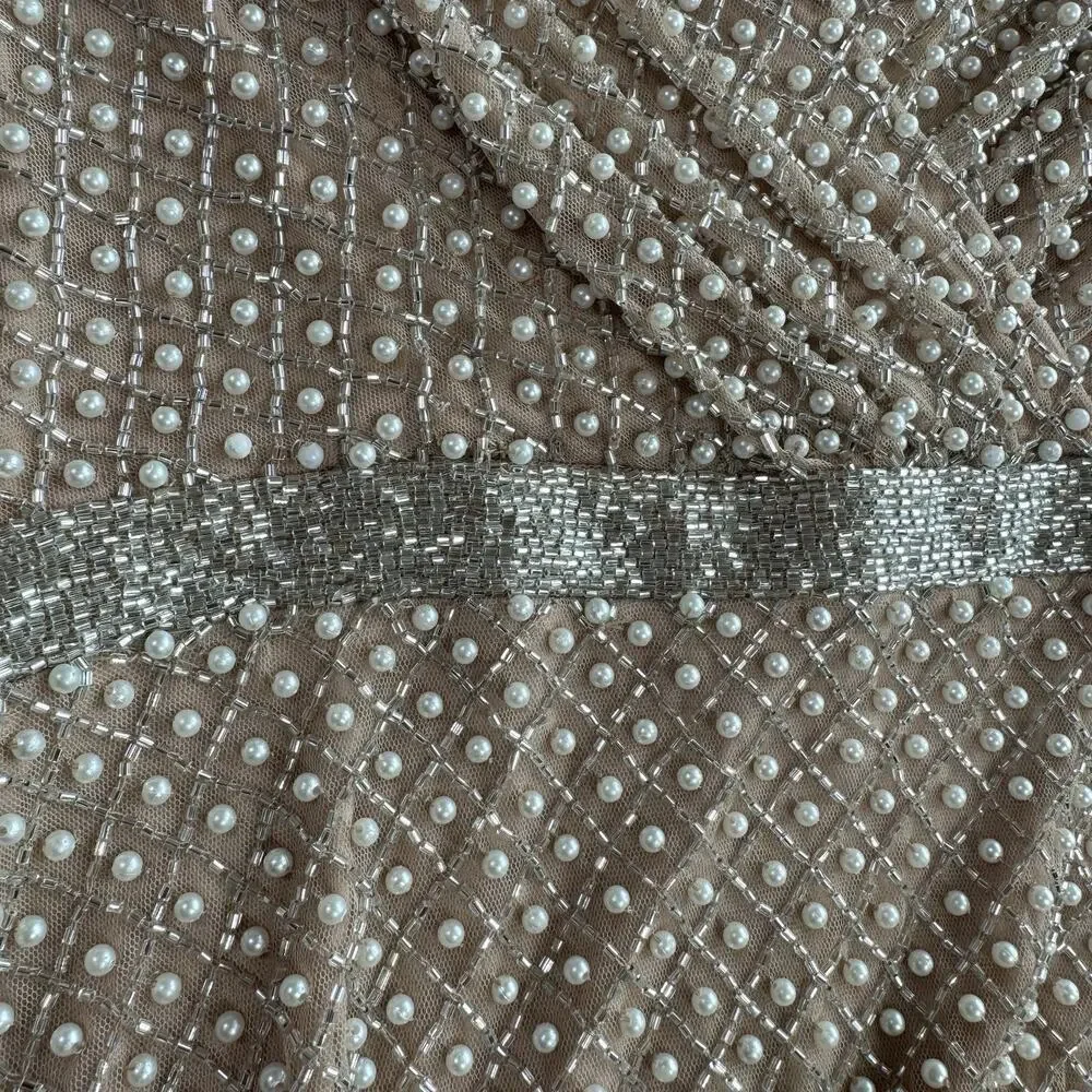 Mac Duggal 10062 Beige Size 4 Wrap Over Pearl Gown Beaded Bishop Sleeves NWT - Picture 16 of 16